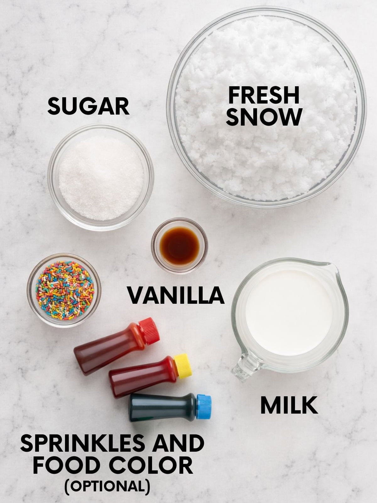 Ingredients for making snow ice cream on a countertop