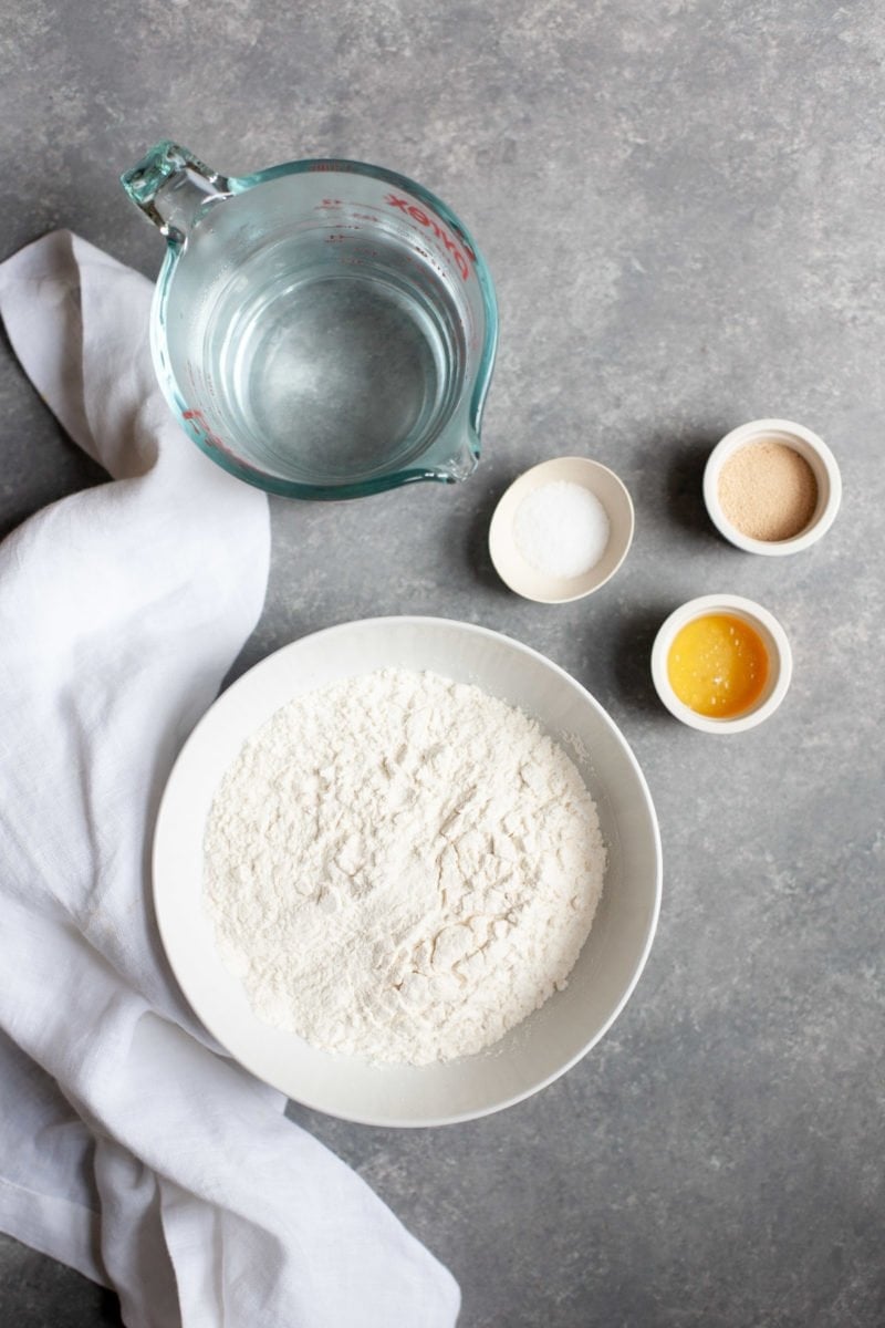 Overhead shot of ingredients for flatbread pizza dough