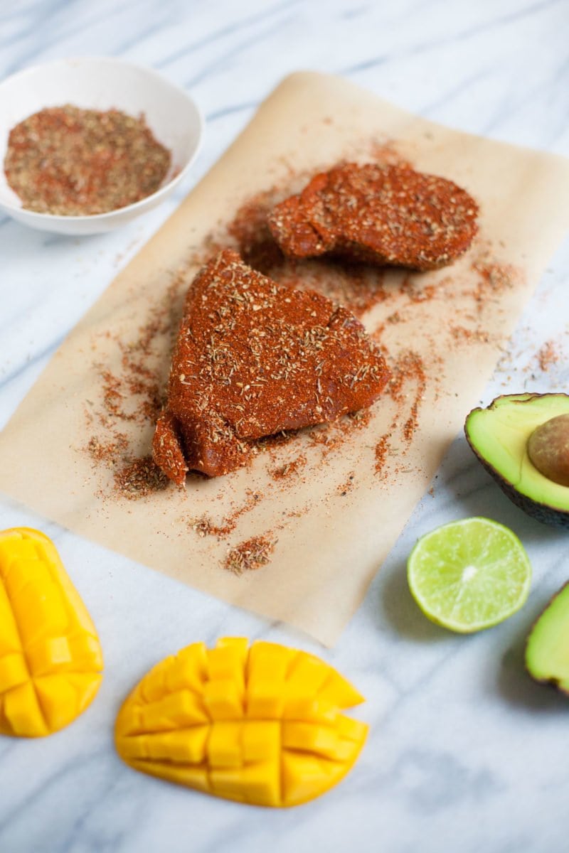 Grilled Blackened Tuna Steaks with Mango Avocado Salsa Wholefully