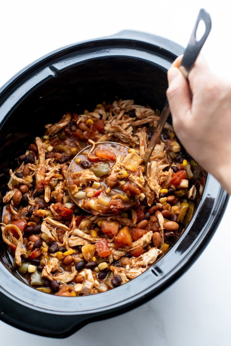 Overhead shot of Slow Cooker Summer Chicken Chili in a slow cooker basin