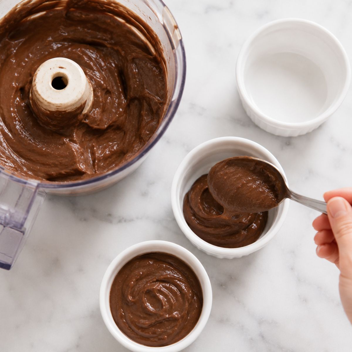 Spooning creamy avocado pudding from the food processor into individual white ramekins.