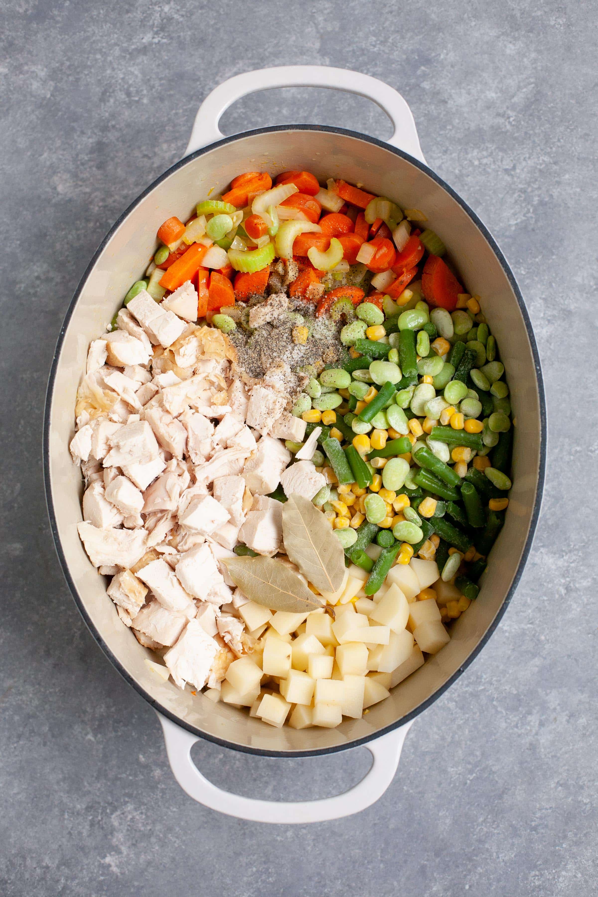 Ingredients for Turkey Vegetable Soup in a stockpot