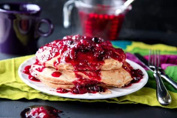 whole wheat cottage cheese pancakes with mixed berry chia syrup