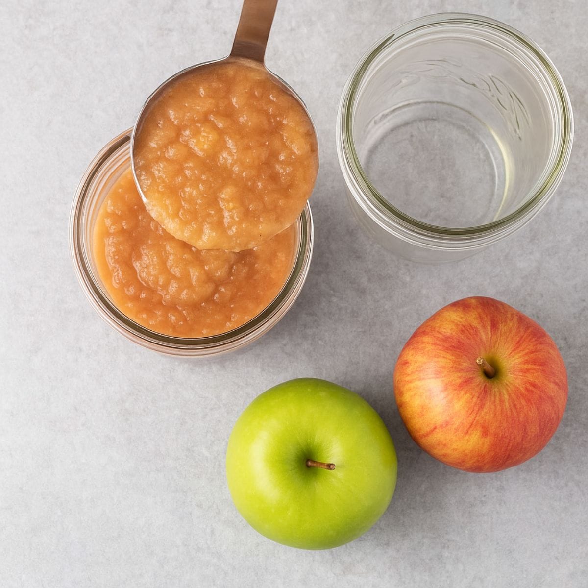 Spooning applesauce into canning jars for freezing
