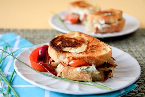 chive goat cheese and roasted red pepper sandwiches