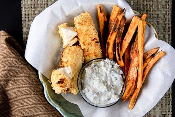 crispy baked fish and sweet potato chips