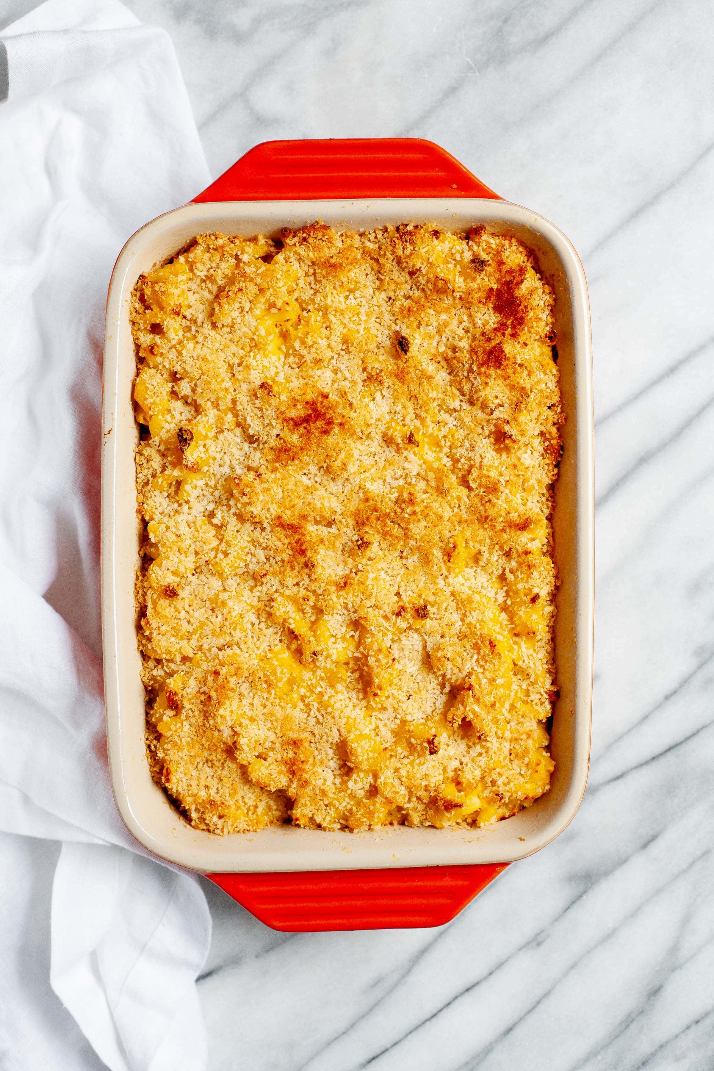 Beer and Butternut Squash Macaroni and Cheese in a red baking pan