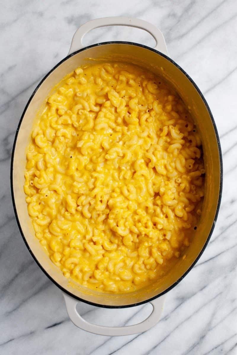 Beer and Butternut Squash Macaroni and Cheese in a Dutch oven