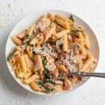 A bowl of Penne Rosa with shrimp and parmesan cheese.