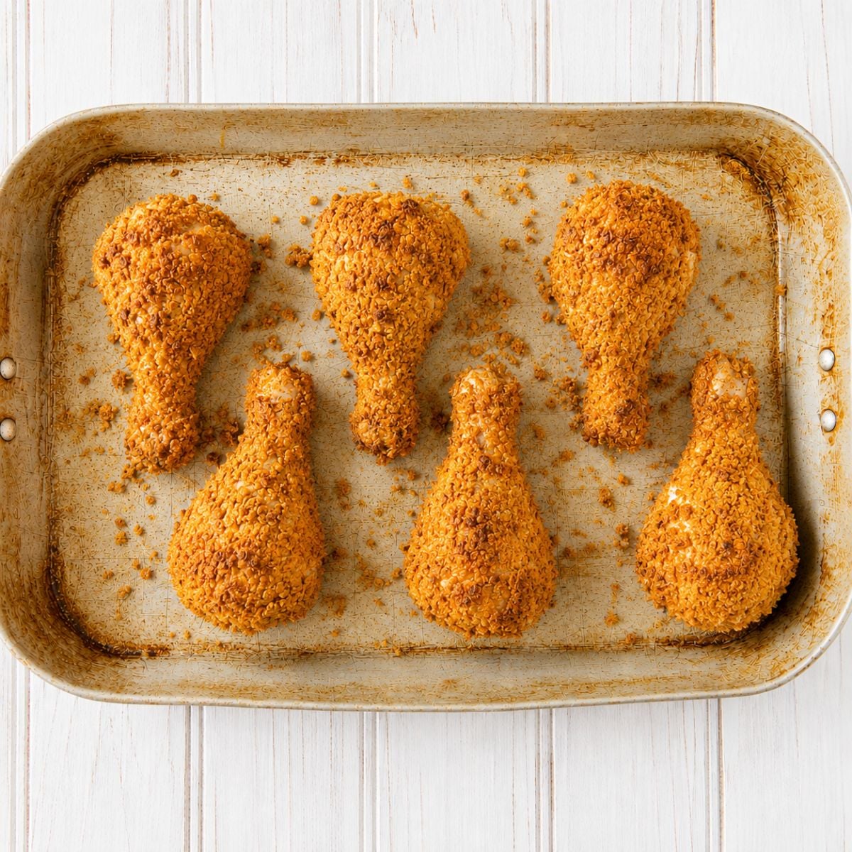Golden brown baked chicken drumsticks fresh out of the oven on a sheet pan