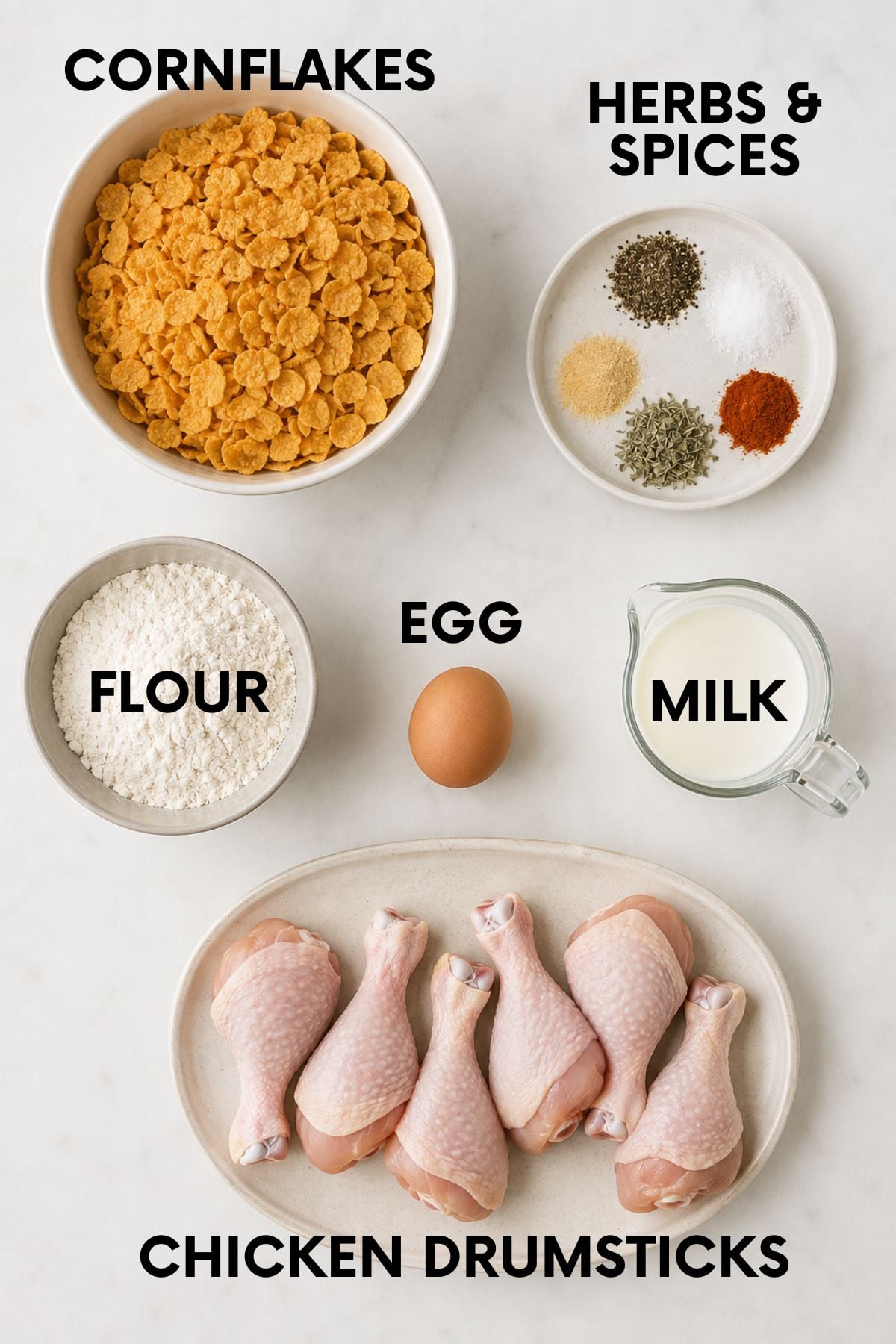 Labeled ingredients for baked fried chicken: cornflakes, herbs and spices, flour, egg, milk, and chicken drumsticks