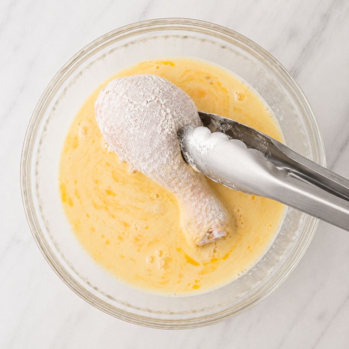 Flour-coated chicken drumstick being dipped into egg wash with tongs