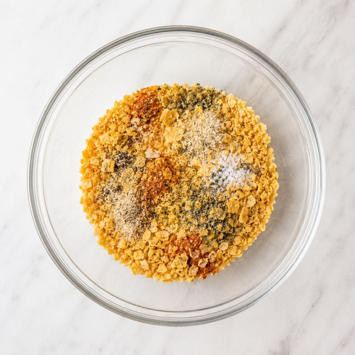 Cornflake crumbs topped with paprika, garlic powder, and herbs in a glass bowl