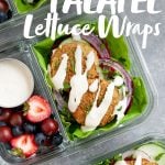 Meal Prep Baked Falafel Lettuce Wraps packed into glass lunch containers with mixed berries, with a text overlay