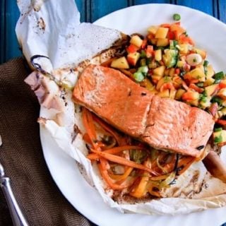 Hard Cider Salmon and Veggie Packets with Fresh Peach Salsa