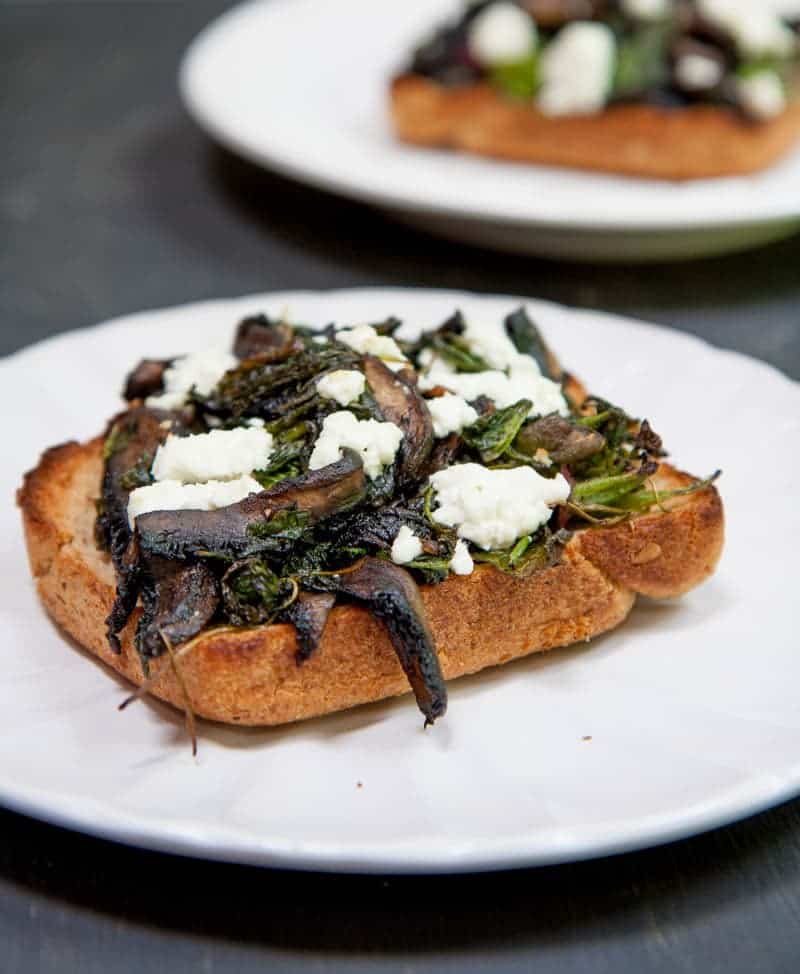 portabella and radish green toasts with goat cheese