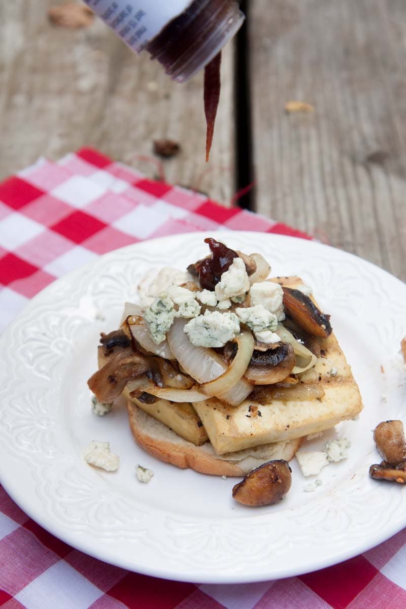 grilled tofu burgers with mushrooms & blue cheese