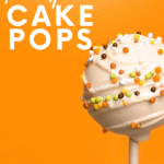 A cake pop covered with white candy melt and Halloween sprinkles. A text overlay reads "Pumpkin Cake Pops"