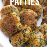 Spinach and Quinoa Patties on a white plate, with a text overlay