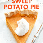 Close-up of a slice of sweet potato pie on a stack of plates with a fork. A text overlay reads "Fool-Proof Sweet Potato Pie."
