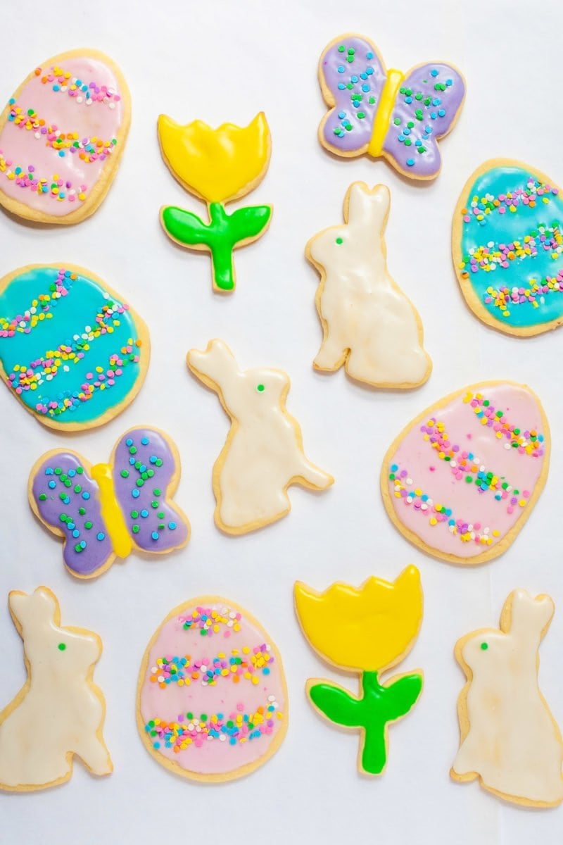 Overhead shot of frosted sugar cookies decorated for Easter