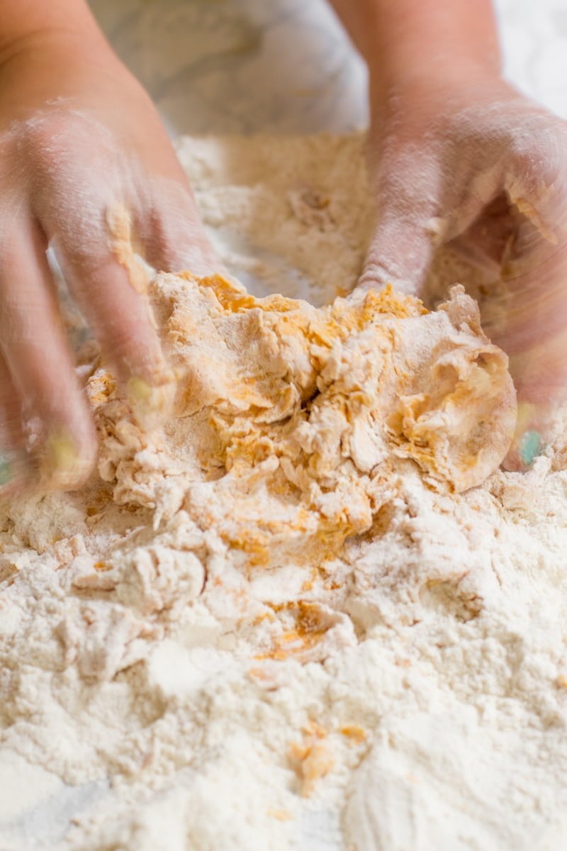 Two hands mix together two ingredients to make pumpkin pasta.