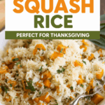 A bowl of butternut squash rice with the text overlay "Butternut Squash Rice"