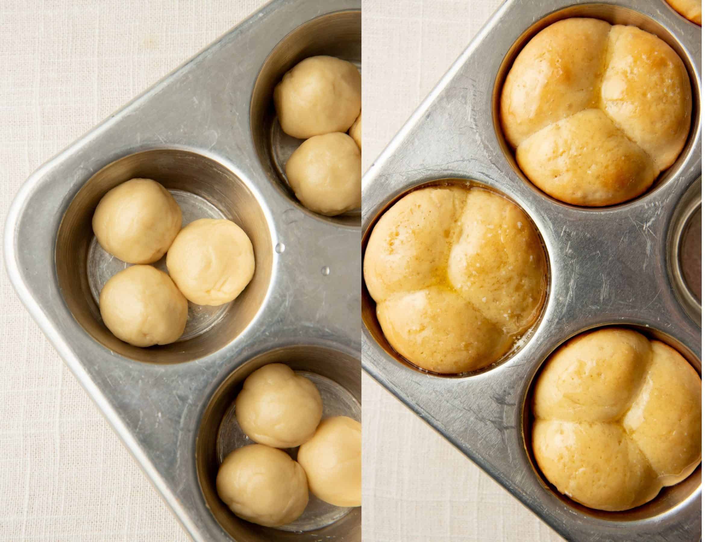 A split image shows clover dinner rolls before and after rising.