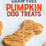 A dog treat shaped like a bone sits on a white background. A text overlay reads "Grain-Free Pumpkin Dog Treats."