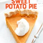 Close-up of a slice of sweet potato pie on a stack of plates with a fork. A text overlay reads "Healthier Sweet Potato Pie."