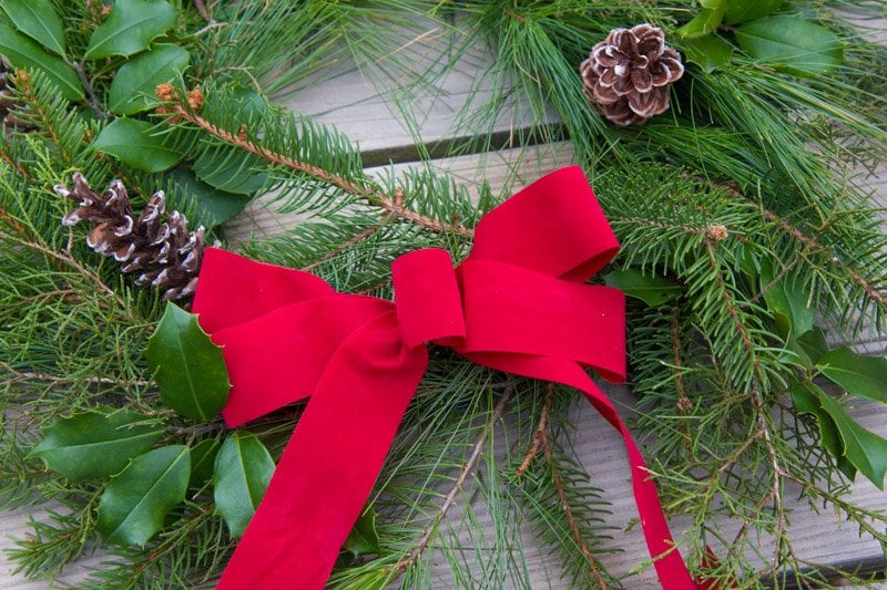 Close up of a red bow on a fresh greenery wreath