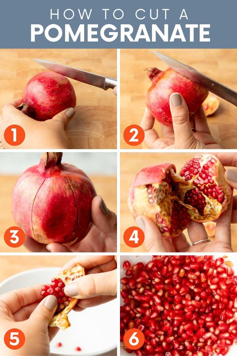 Step by step numbered images of how to cut a pomegranate