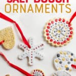 Various shapes of painted salt dough ornaments lie against a white background. A text overlay reads "How to Make Salt Dough Ornaments"