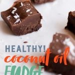 Squares of vegan chocolate fudge sprinkled with coconut on parchment paper. A text overlay reads, "Healthy! Coconut Oil Fudge."