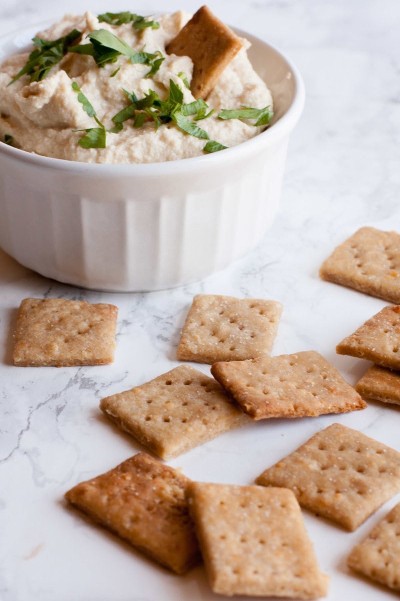 Crackers sit scattered around a bowl of dip. One cracker sits inside the dip.