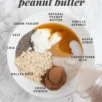 Ingredients for Chocolate Peanut Butter Overnight Oats in a white mixing bowl. Each ingredient is labeled, and a text overlay reads "Chocolate Peanut Butter."