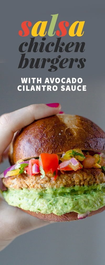 Salsa Chicken Burgers with Cilantro-Avocado Sauce