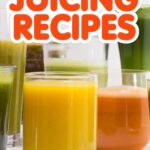 Text overlay on an image of various glasses of fruit and vegetable juice reads: BEGINNER FRIENDLY JUICE RECIPES. No WEIRD Ingredients!.