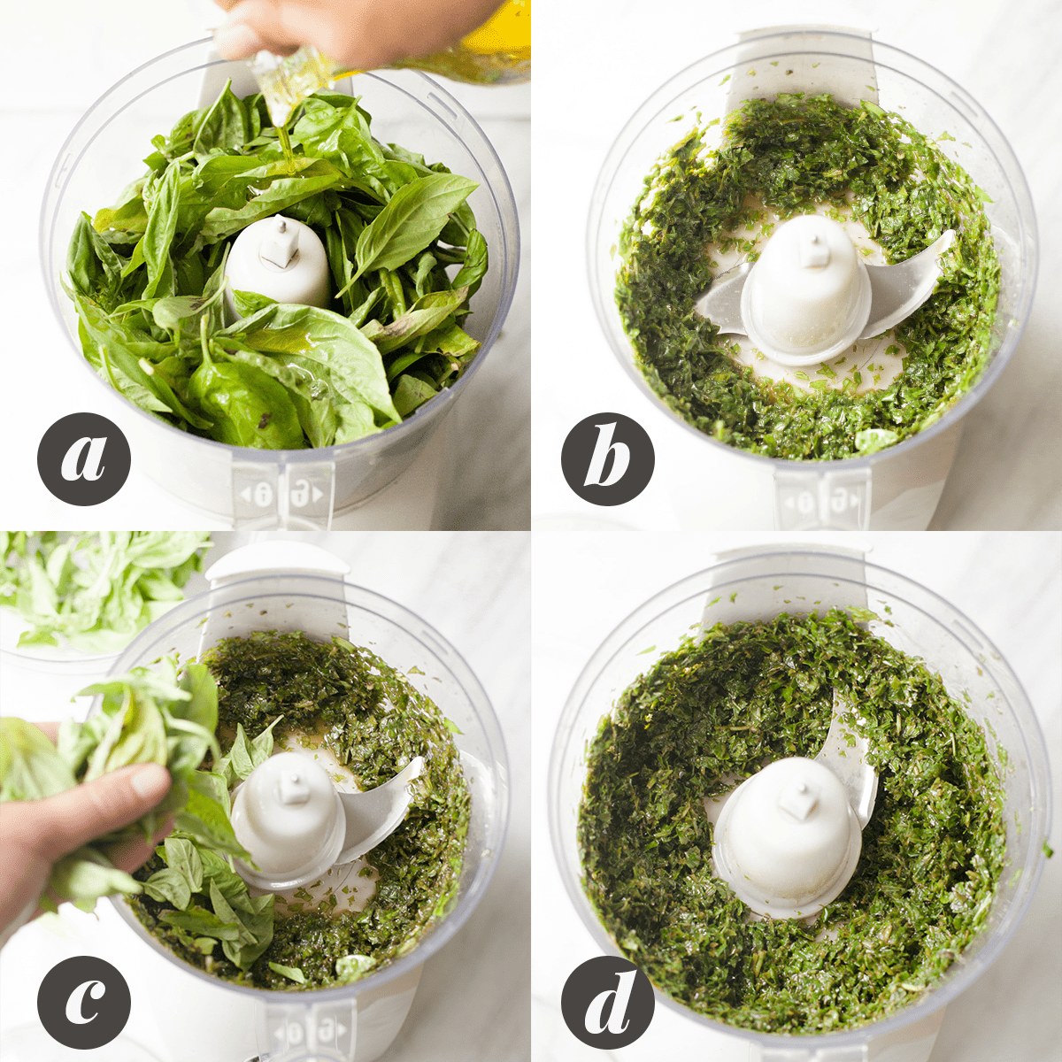 A four panel image showing the process of blending fresh basil with olive oil, as part of directions on how to freeze basil.