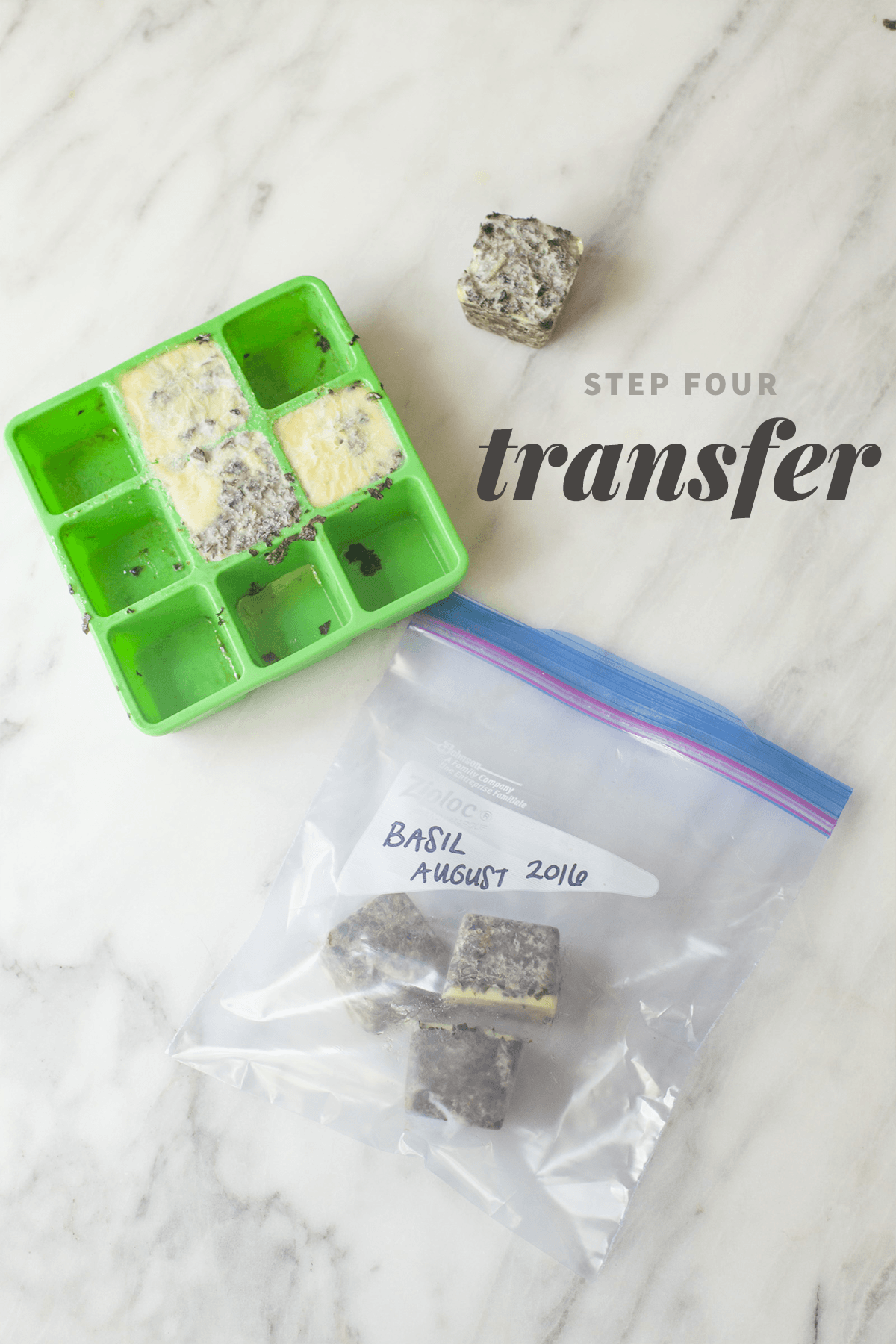 Frozen cubes of basil are in both an herb freezing bag and a labeled zip-top bag. A text overlay reads "Step Four: Transfer."