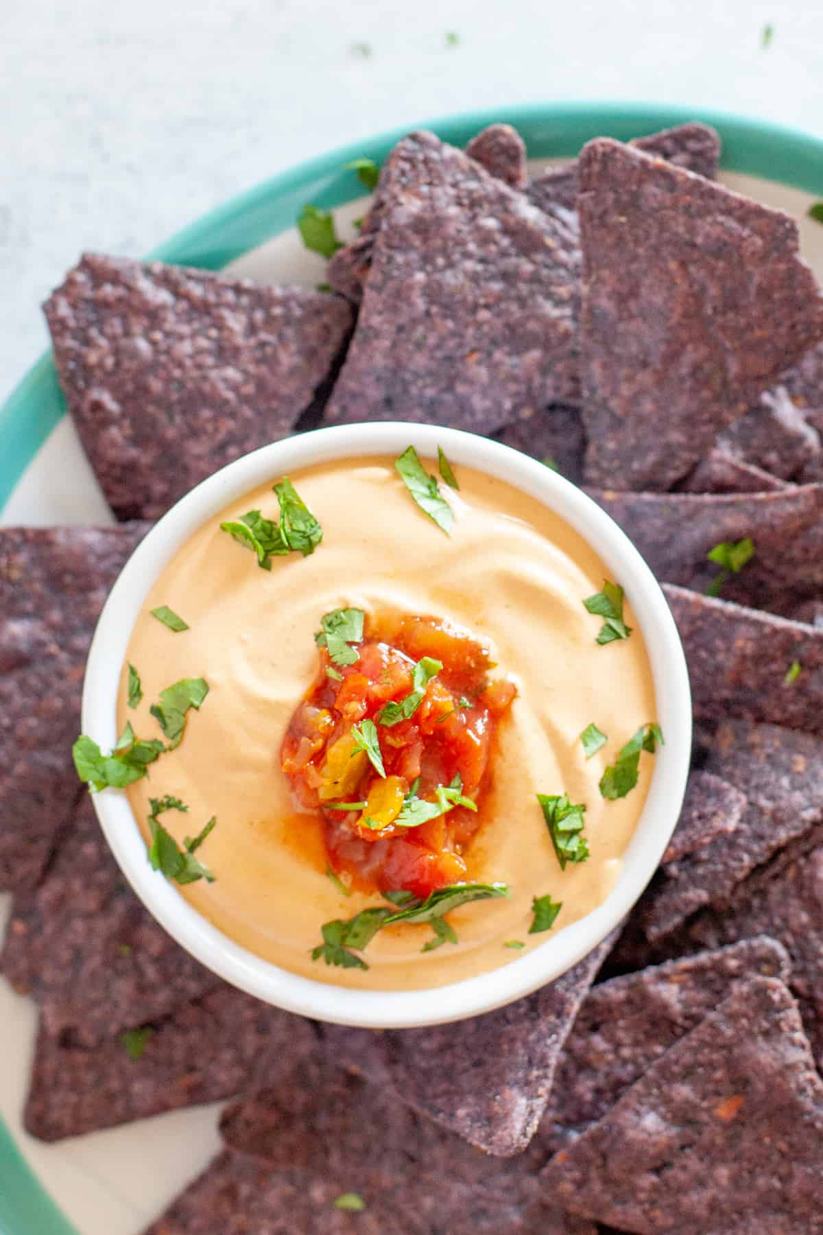 Close-up of a small white bowl of dairy-free queso surrounded by blue corn tortilla chips.