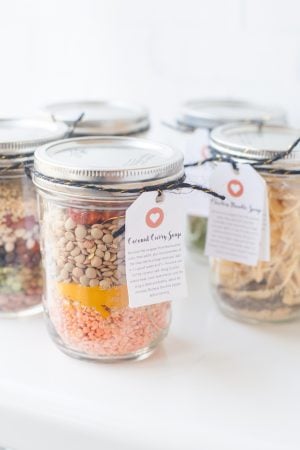 Soup mixes packed into canning jars in a white kitchen