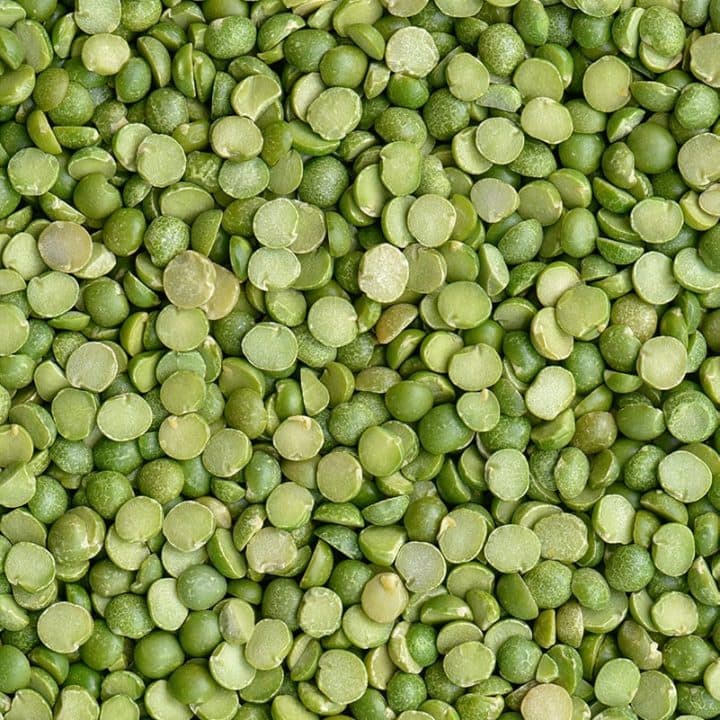 Close up of a pile of green split peas.