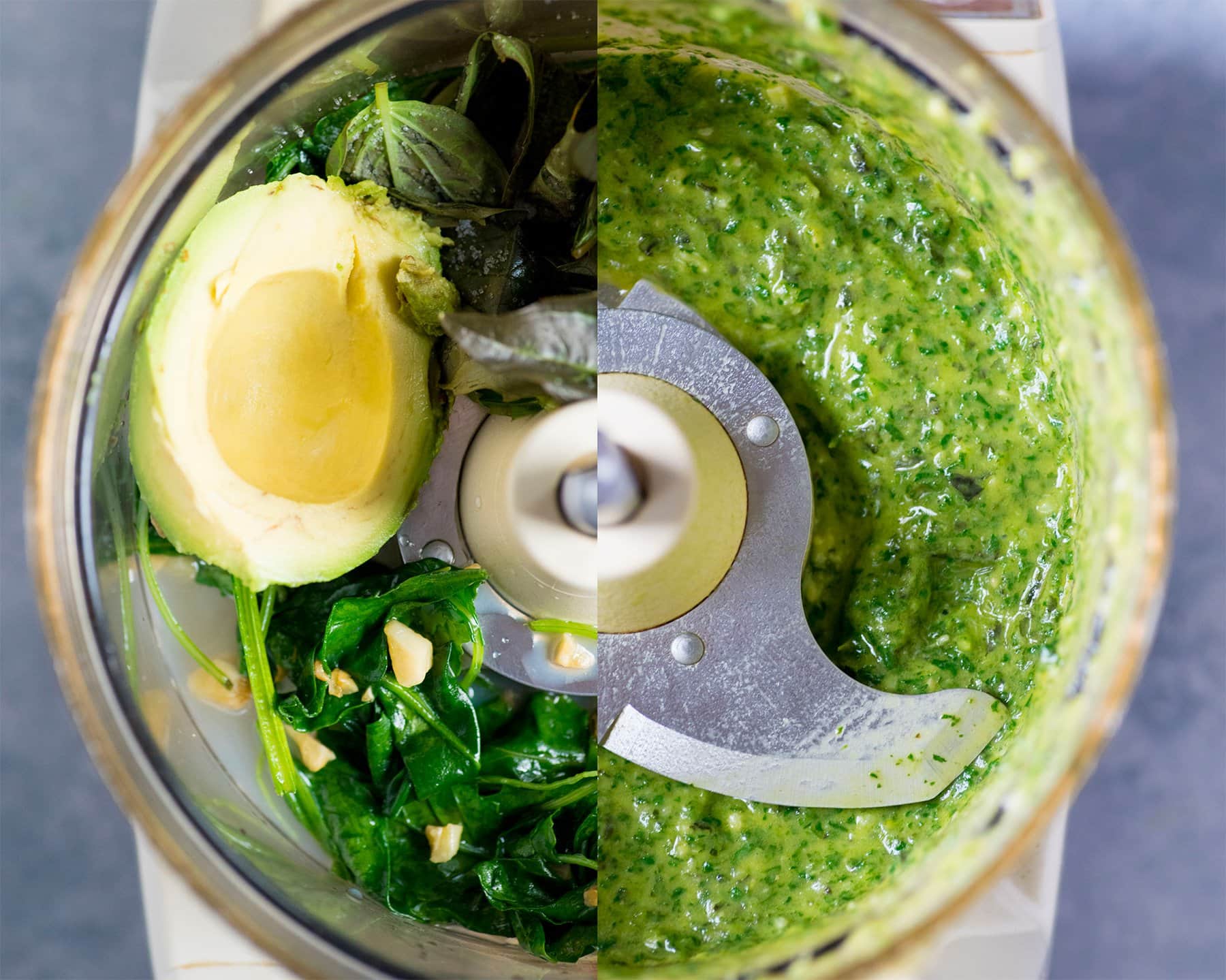 Overhead split-shot of ingredients for pesto in a food processor, with ingredients on the left and the blended pesto on the right