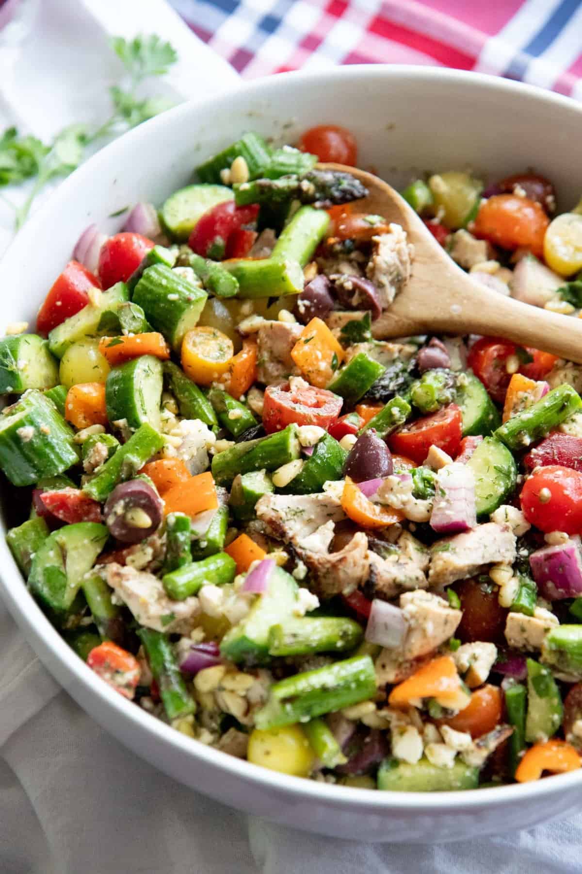 Grilled Chicken and Asparagus Chopped Greek Salad