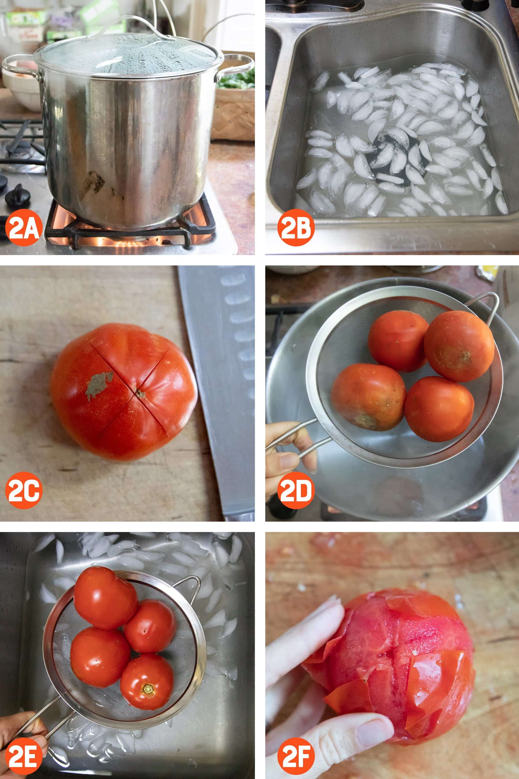 Collage of photos of peeling tomatoes.
