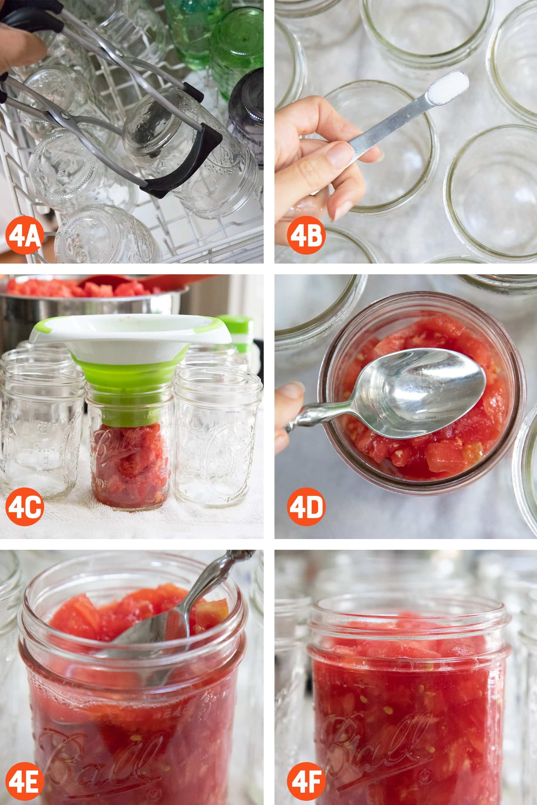Collage of photos of filling glass jars with diced tomatoes for canning.