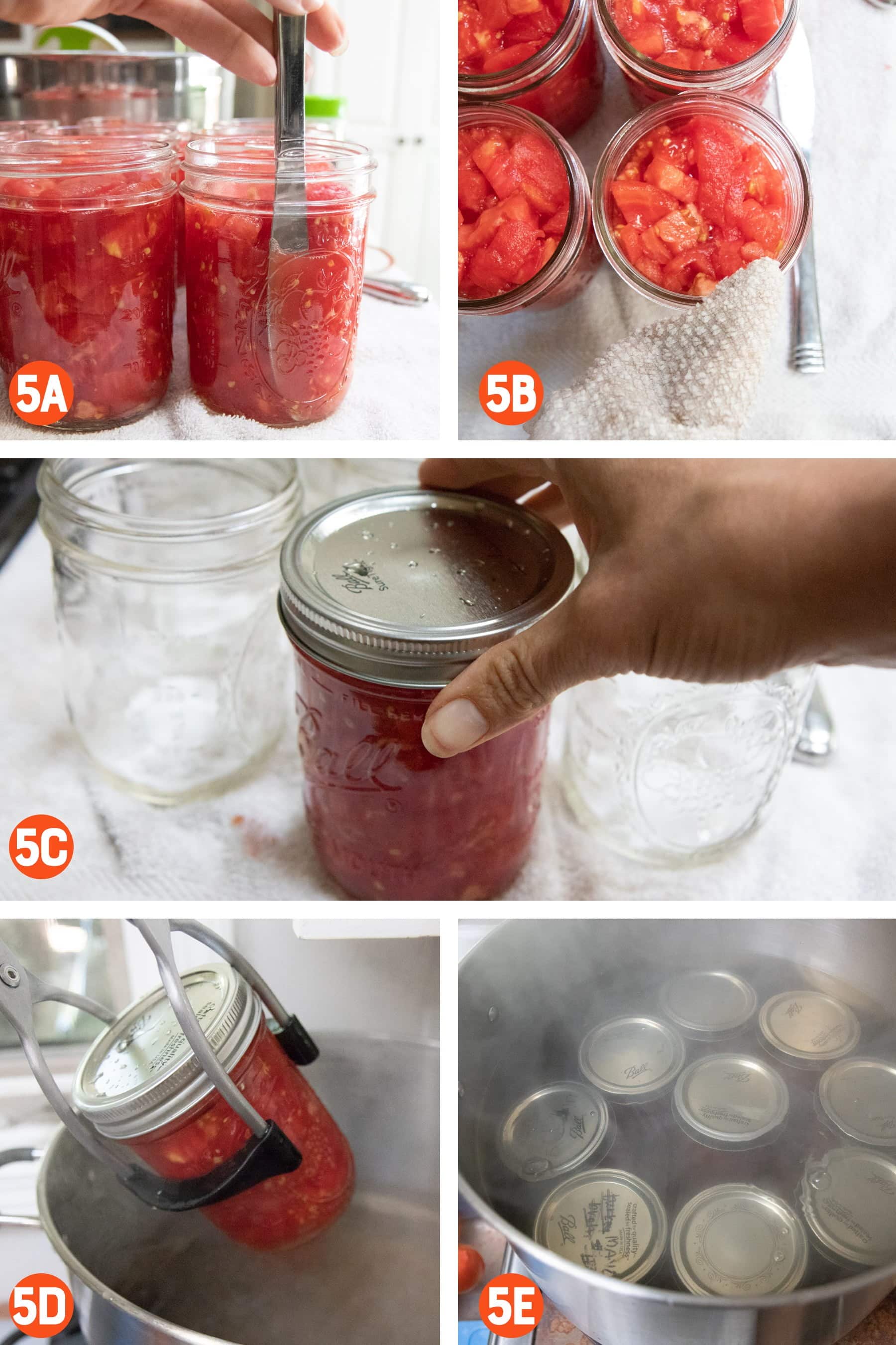 Collage of photos of prepping filled jars for water canning.