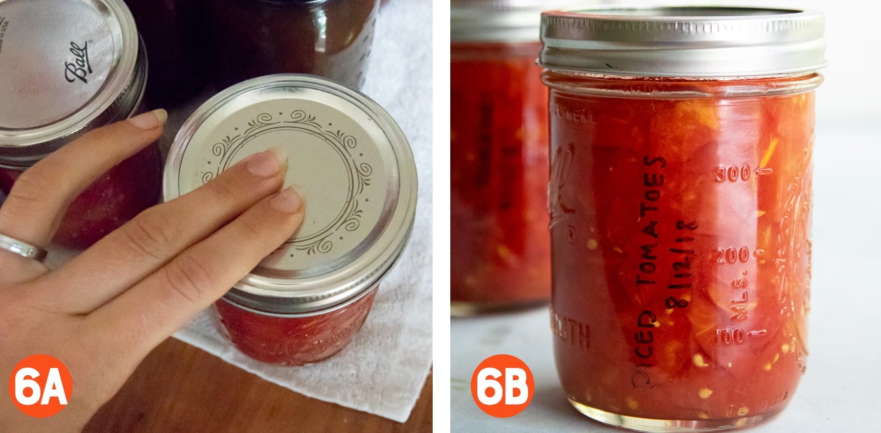 Collage of photos of checking the seals on canned diced tomatoes and labelled jars.