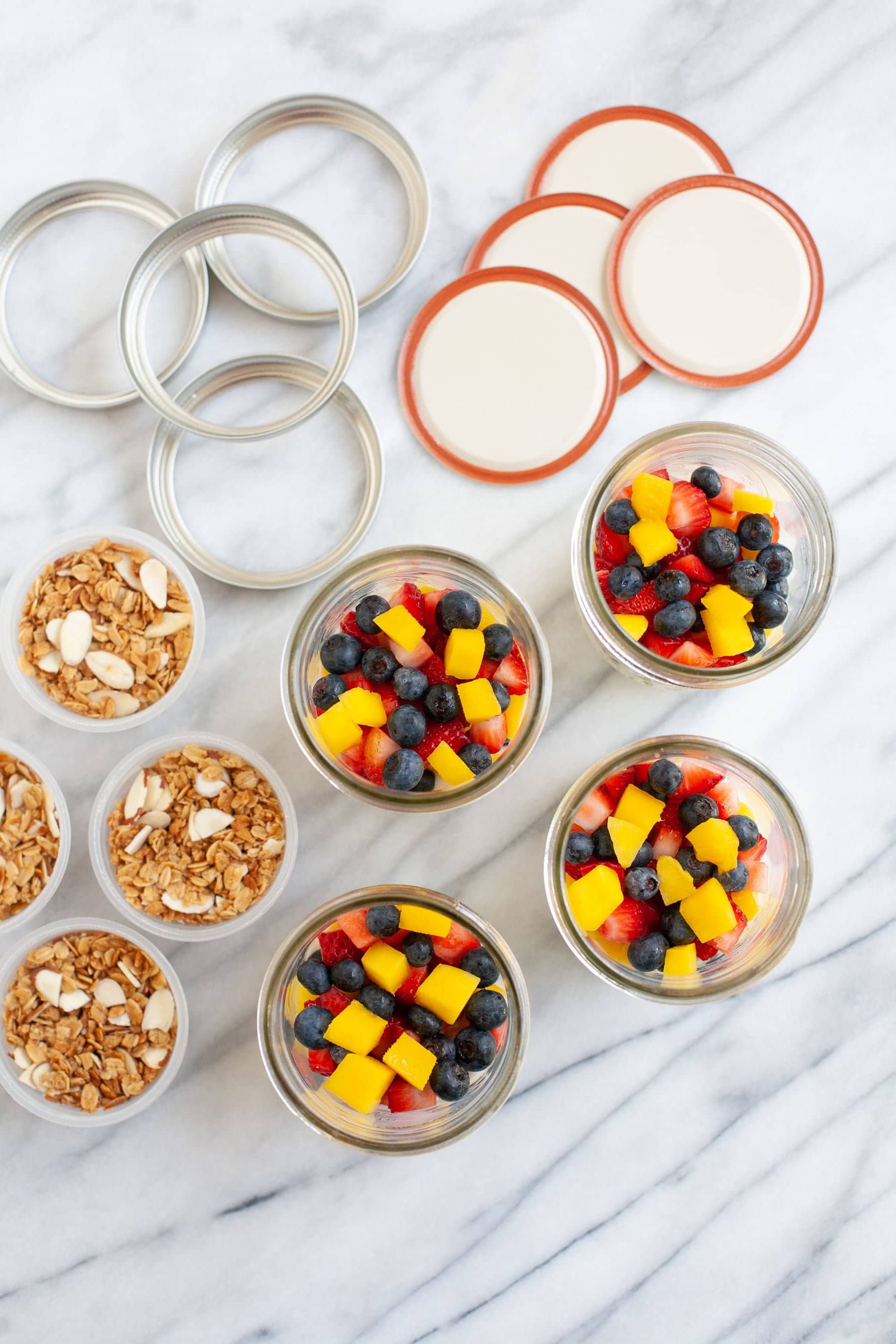 Overhead shot of Meal Prep Fruit and Yogurt Parfaits, ready for assembly